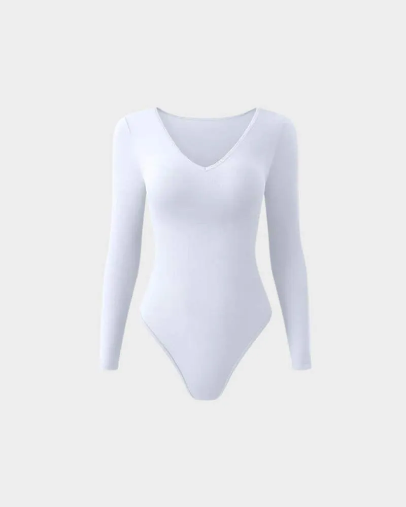 SheCurve® Sexy Ribbed V Neck Long Sleeve Bodysuits