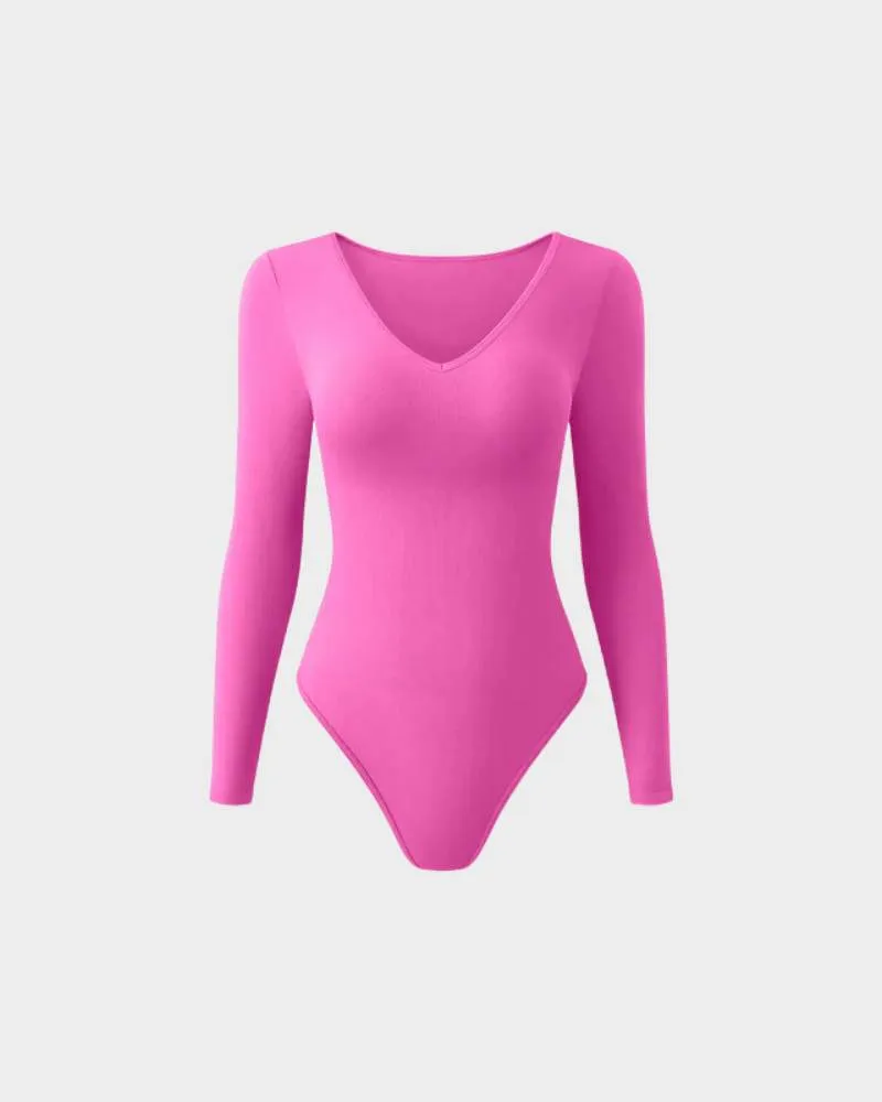 SheCurve® Sexy Ribbed V Neck Long Sleeve Bodysuits