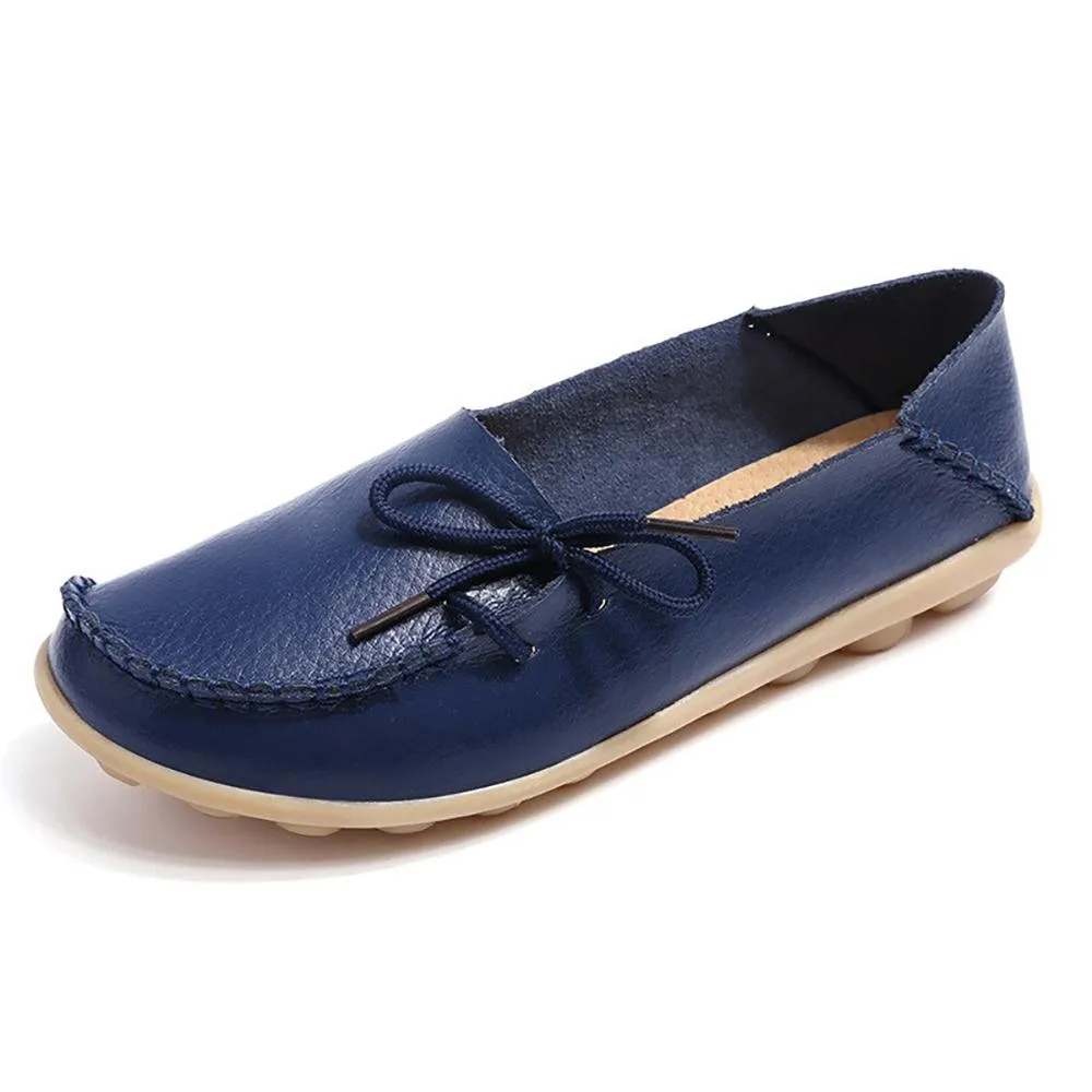 Simple Bow Soft Leather Slip-On Moccasin Boat Shoes