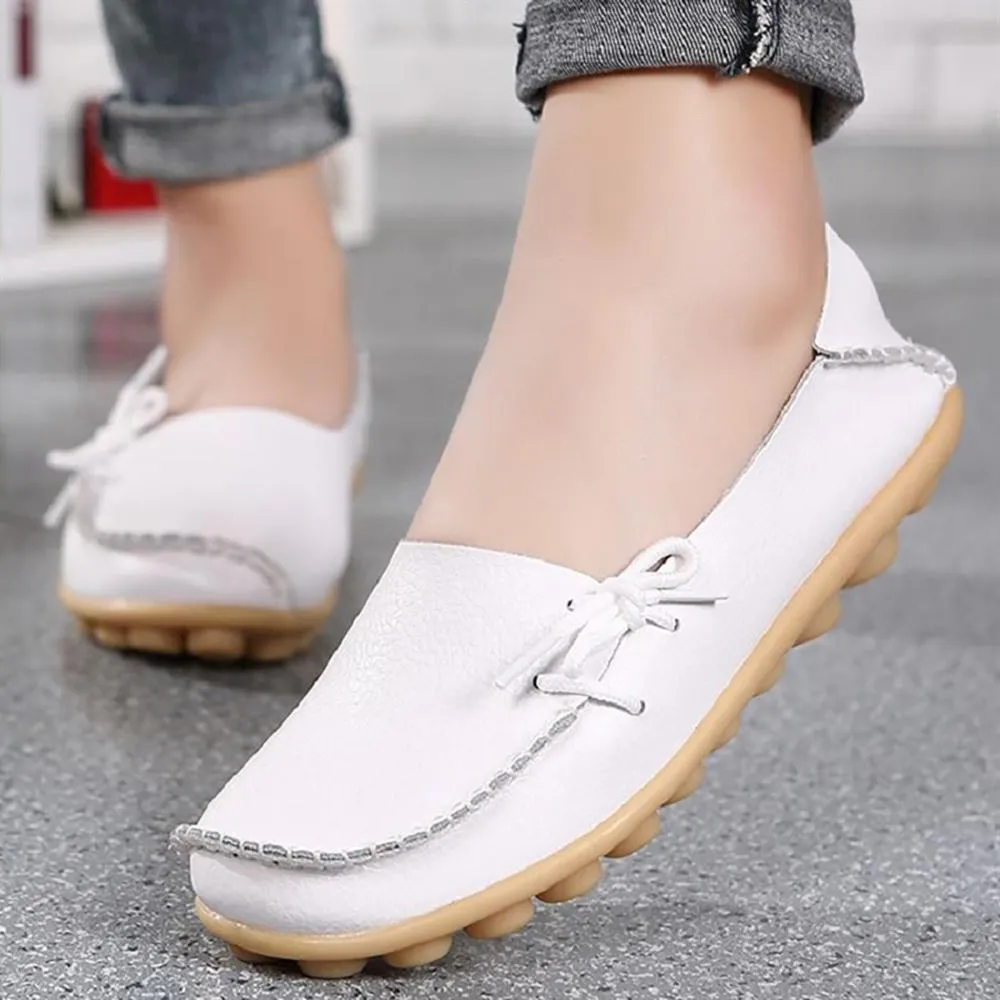 Simple Bow Soft Leather Slip-On Moccasin Boat Shoes