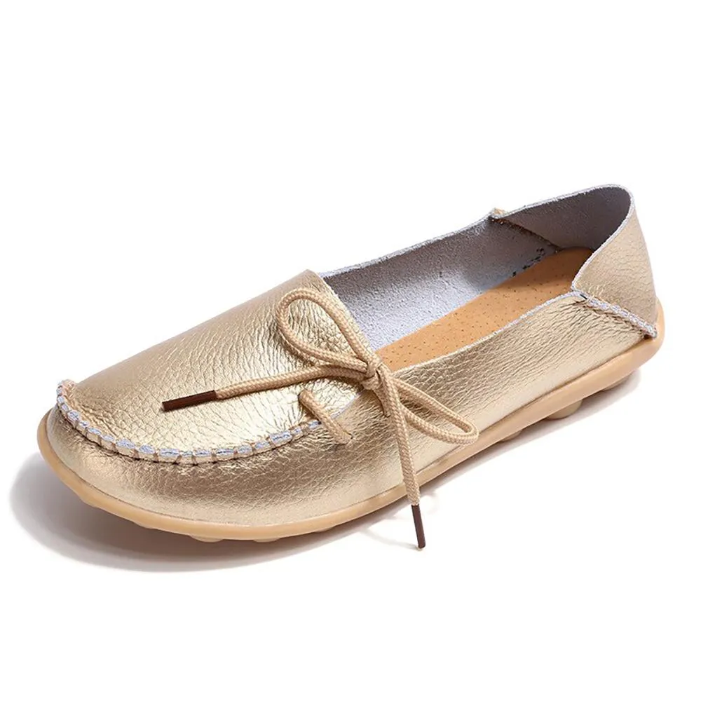 Simple Bow Soft Leather Slip-On Moccasin Boat Shoes