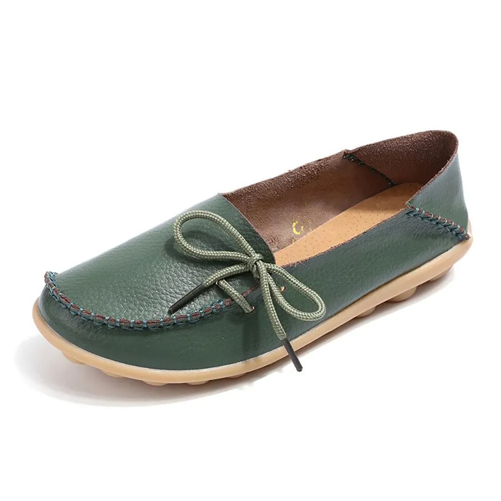 Simple Bow Soft Leather Slip-On Moccasin Boat Shoes