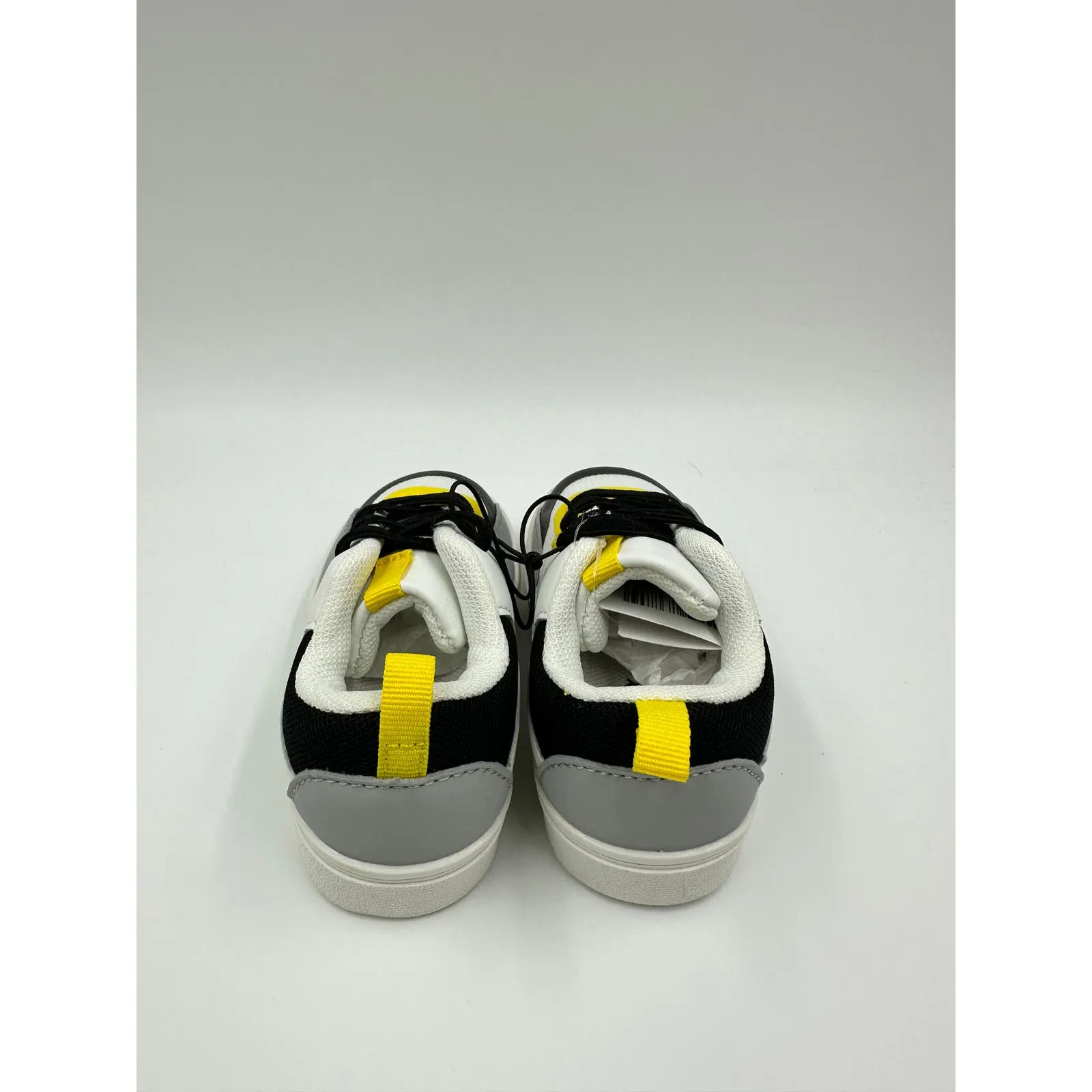 Small Kid Size 7, White Fashion Sneaker with Black, Gray & Yellow Accents