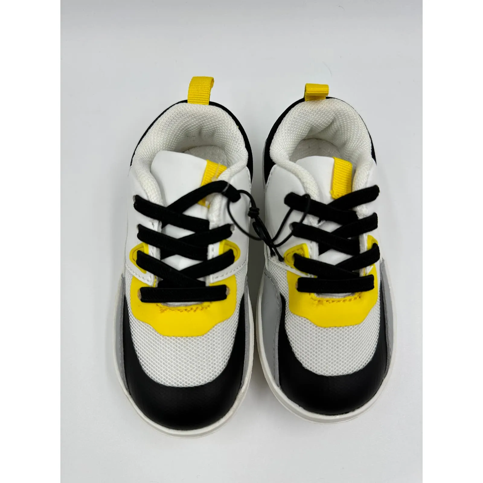 Small Kid Size 7, White Fashion Sneaker with Black, Gray & Yellow Accents