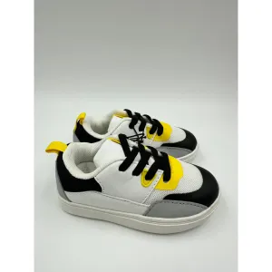 Small Kid Size 7, White Fashion Sneaker with Black, Gray & Yellow Accents