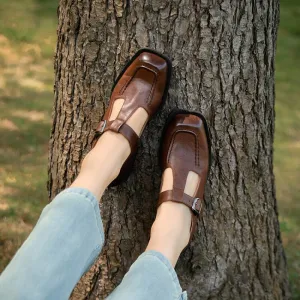 Soft Leather T-strap Mary Jane Shoes For Women Round Toe in Black/Brown