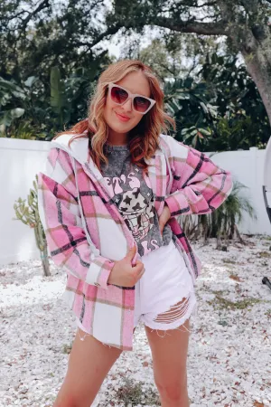 Street Style Plaid Hooded Jacket - Pink