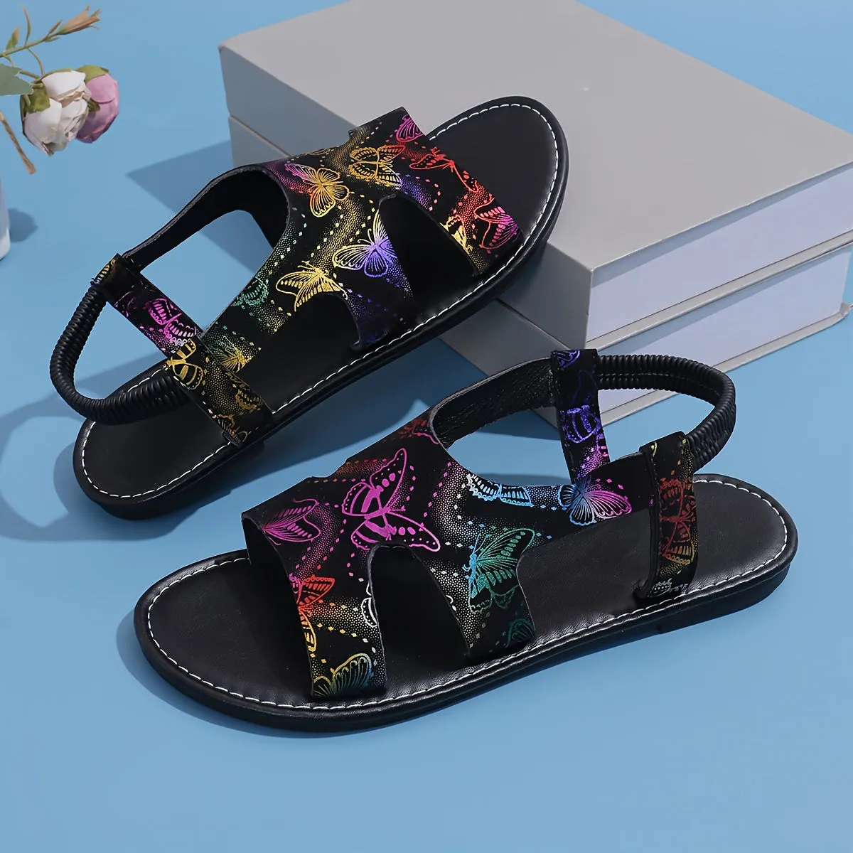 Stylish Womens Butterfly Print Flat Sandals - Slip-on, Lightweight, Open Toe, Synthetic Leather, PU Sole, Ankle Strap, Casual Summer Shoes for Comfortable Walking