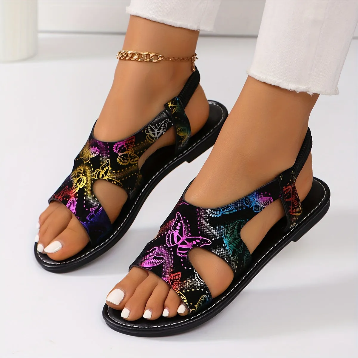 Stylish Womens Butterfly Print Flat Sandals - Slip-on, Lightweight, Open Toe, Synthetic Leather, PU Sole, Ankle Strap, Casual Summer Shoes for Comfortable Walking