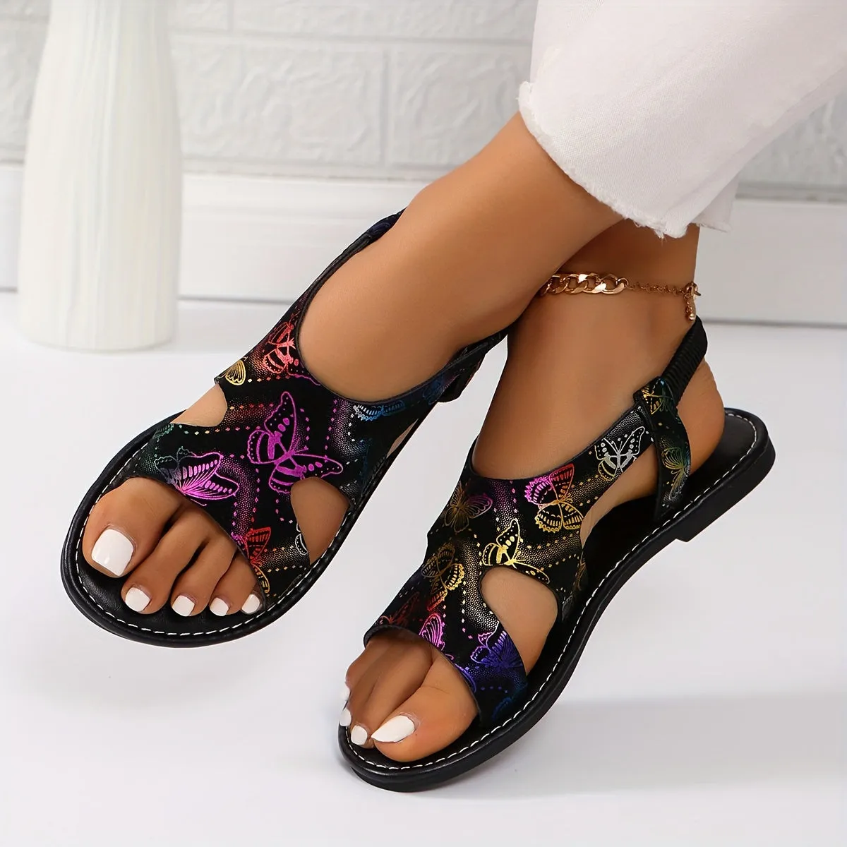 Stylish Womens Butterfly Print Flat Sandals - Slip-on, Lightweight, Open Toe, Synthetic Leather, PU Sole, Ankle Strap, Casual Summer Shoes for Comfortable Walking