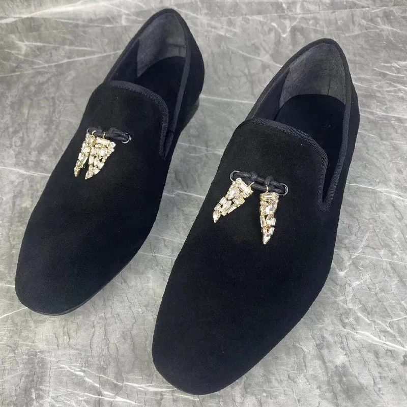 Suede Leather Metal Rhinestone Tassels Loafers