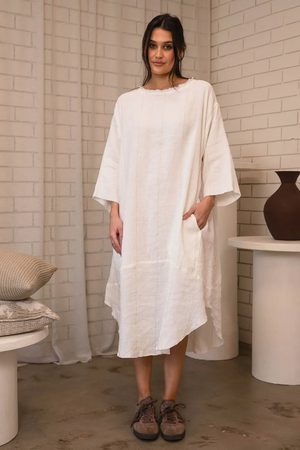 The Carter Malle Linen Dress - Off White w' Natural Fine Stripe