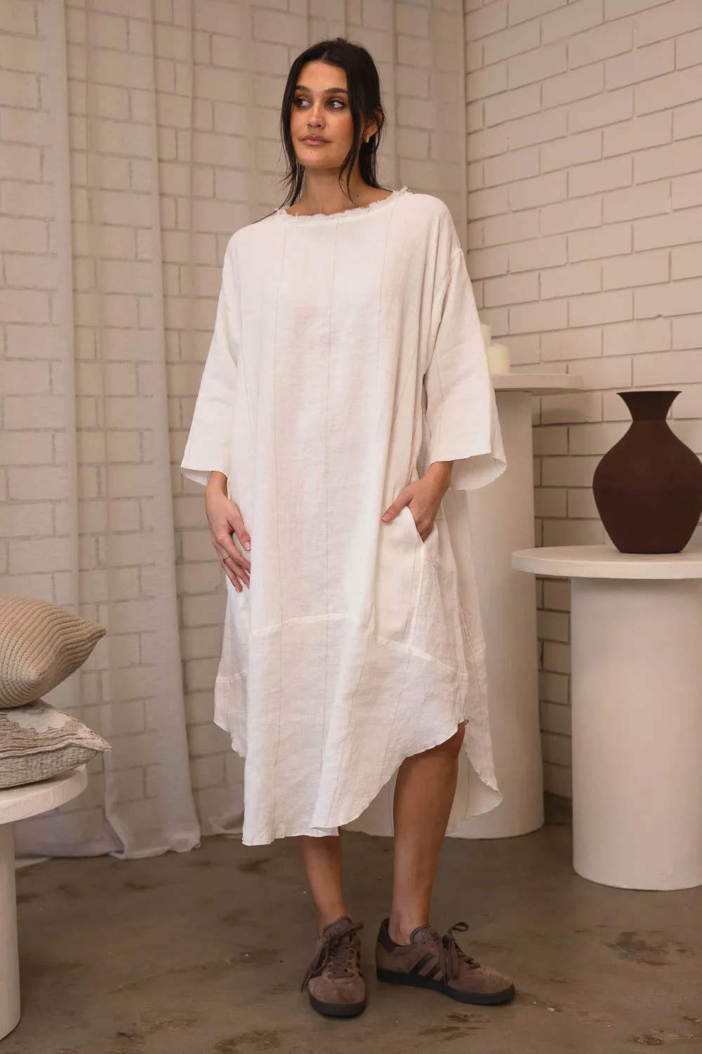 The Carter Malle Linen Dress - Off White w' Natural Fine Stripe