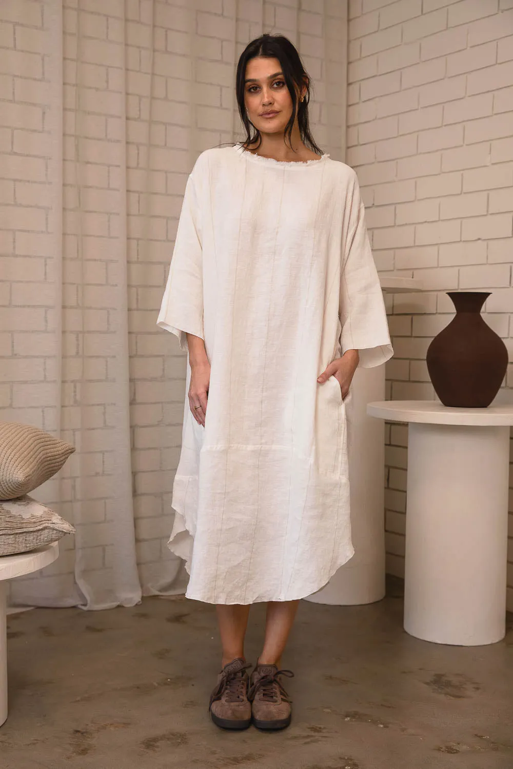 The Carter Malle Linen Dress - Off White w' Natural Fine Stripe