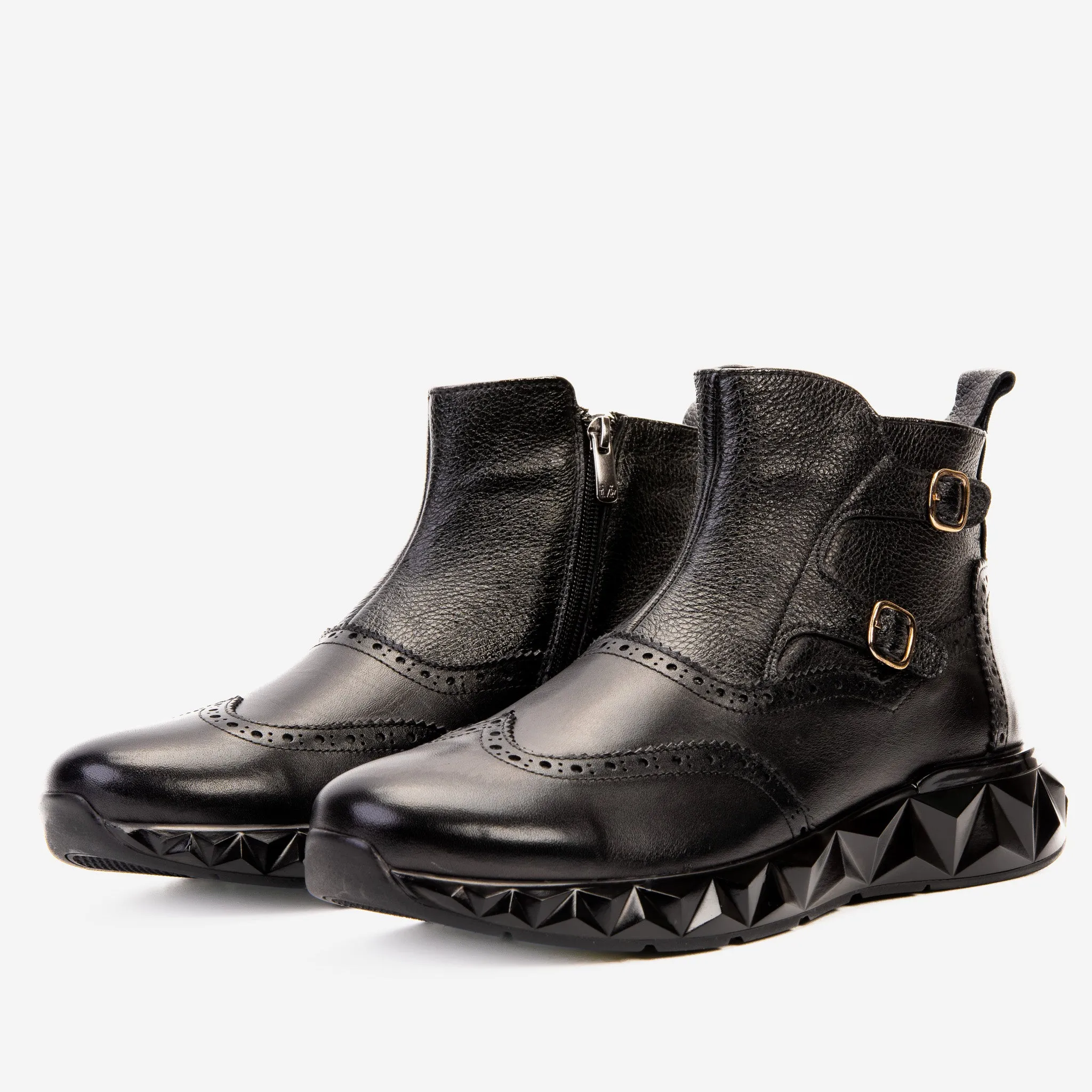 The Stealth Wingtip Buckle Black Leather Men Boot