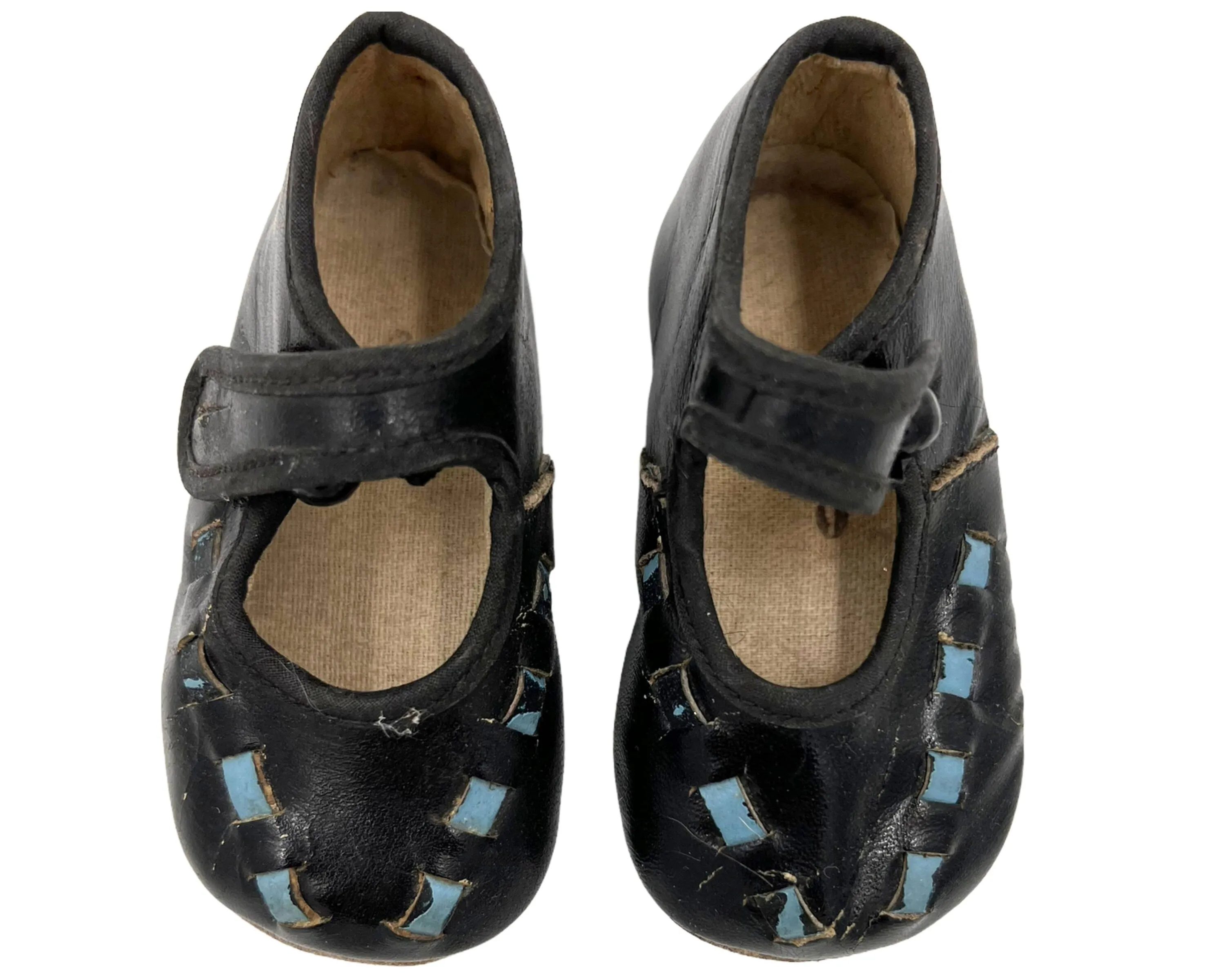 Vintage 1930 Baby Shoes Doll Mary Janes Black and Blue Leather