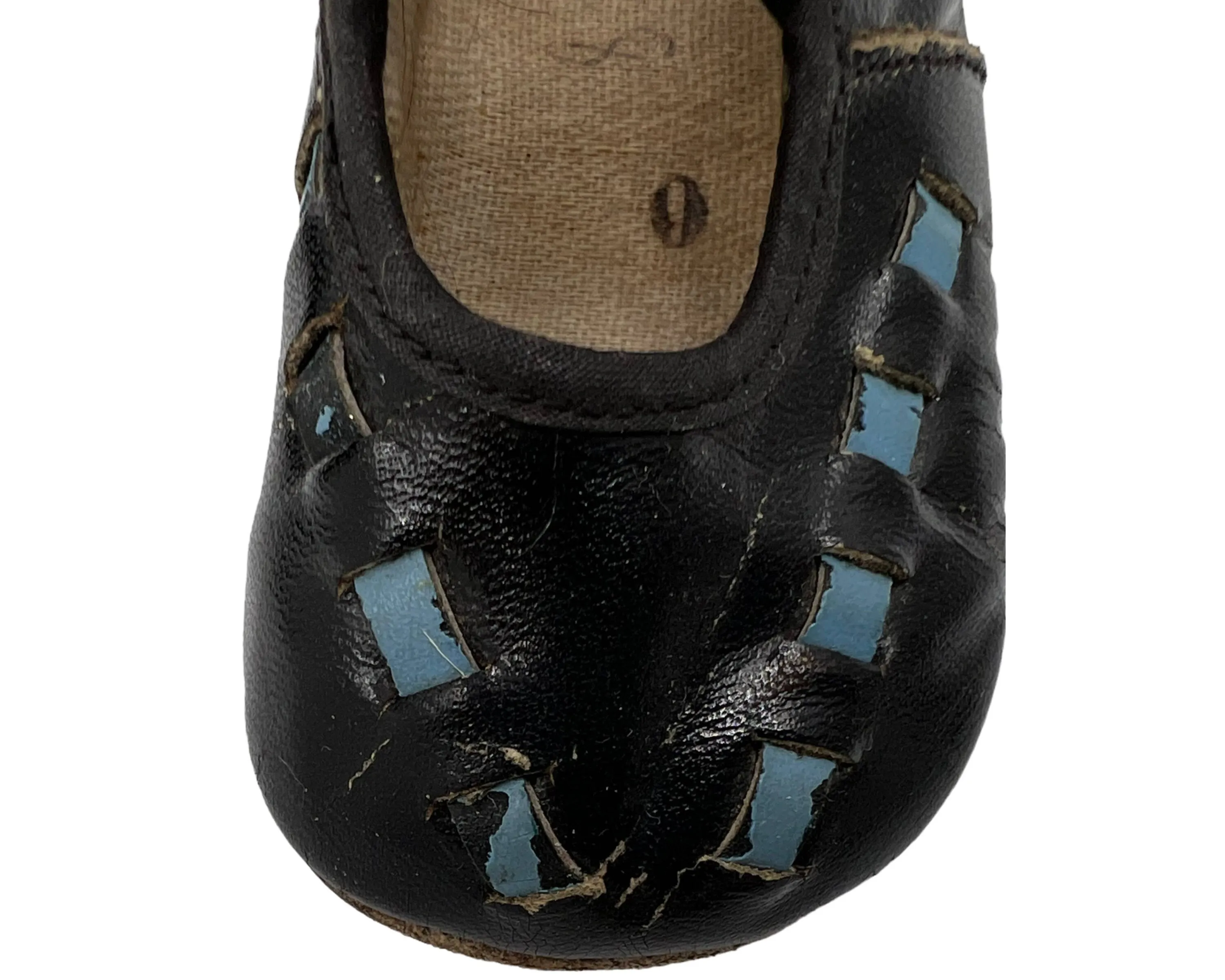 Vintage 1930 Baby Shoes Doll Mary Janes Black and Blue Leather