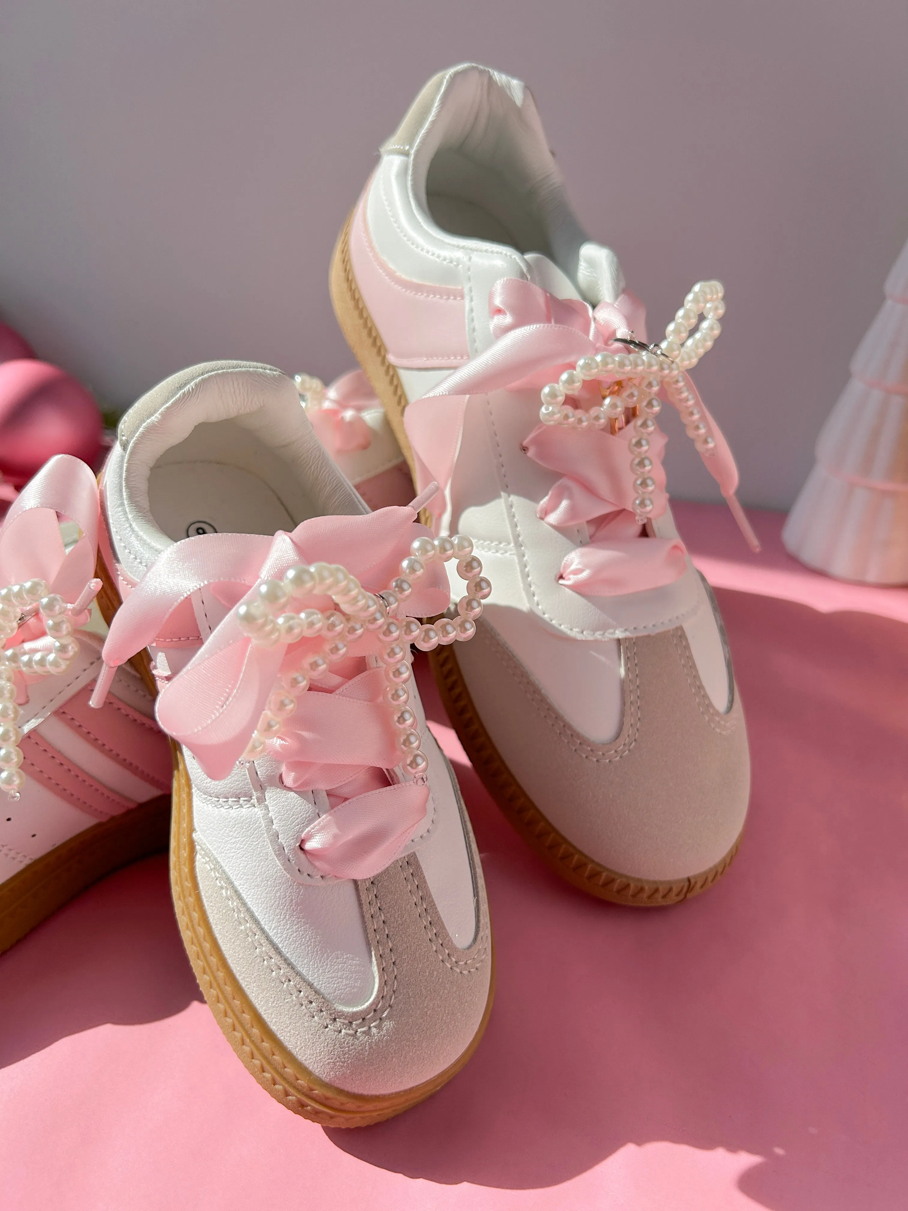 White/Pink Mommy and Me Sneakers- with Satin Ribbon Shoelaces & Faux Pearl Bow