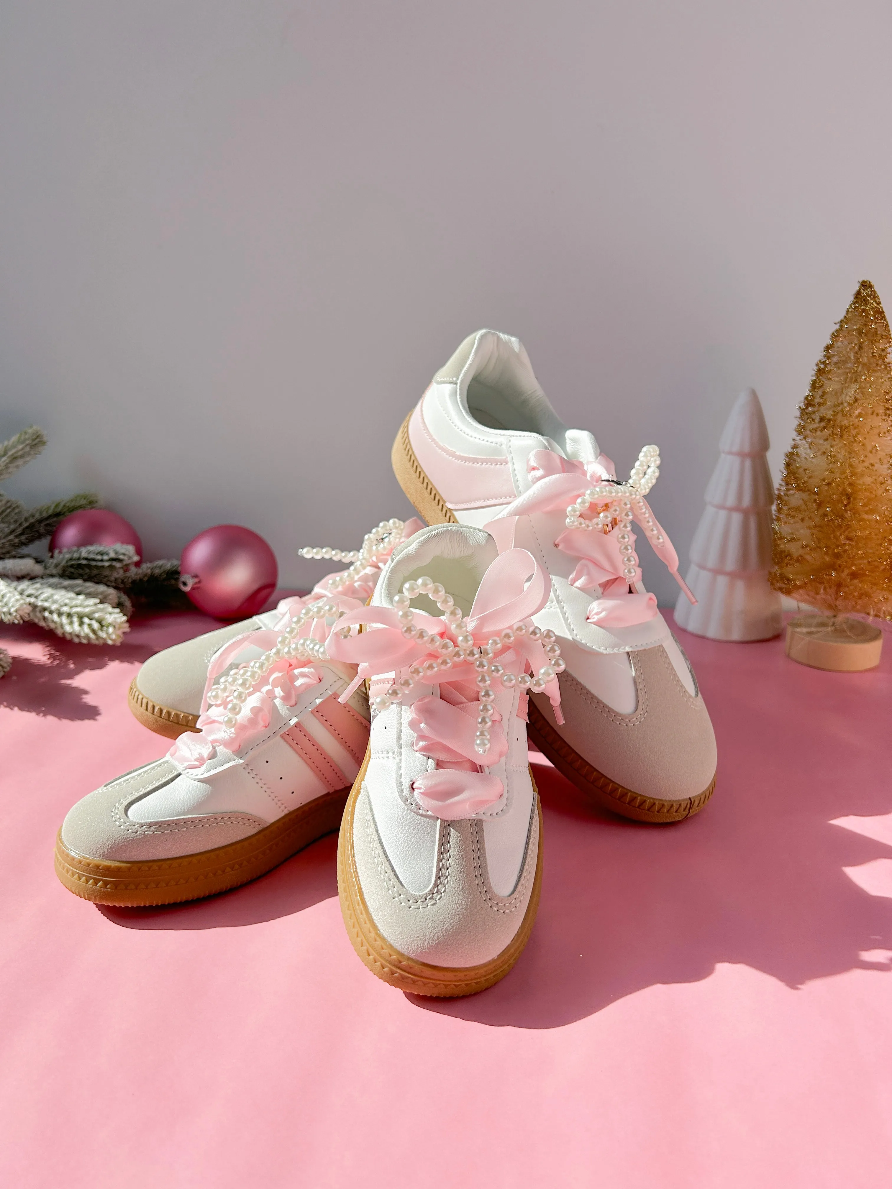 White/Pink Mommy and Me Sneakers- with Satin Ribbon Shoelaces & Faux Pearl Bow