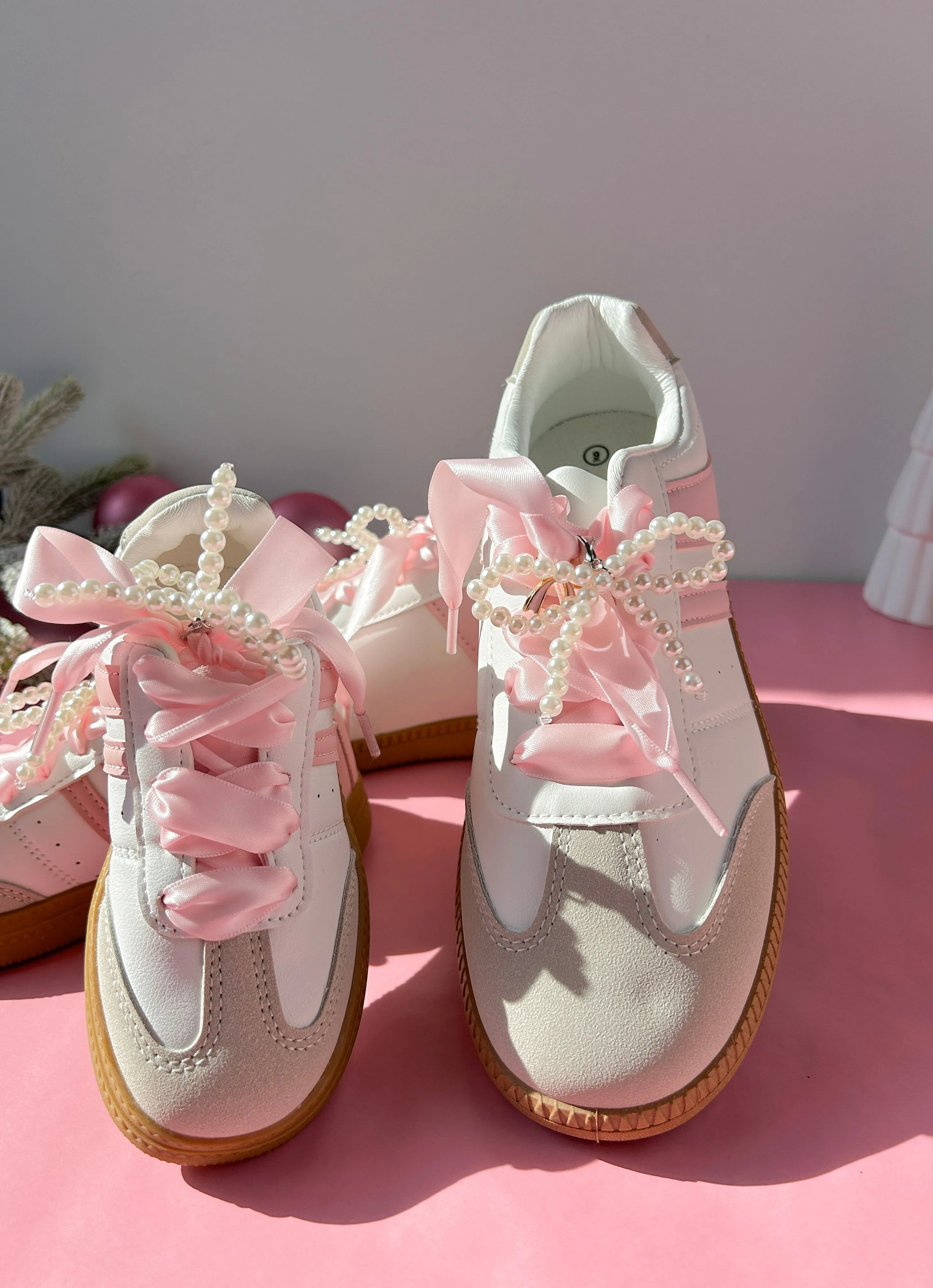 White/Pink Mommy and Me Sneakers- with Satin Ribbon Shoelaces & Faux Pearl Bow