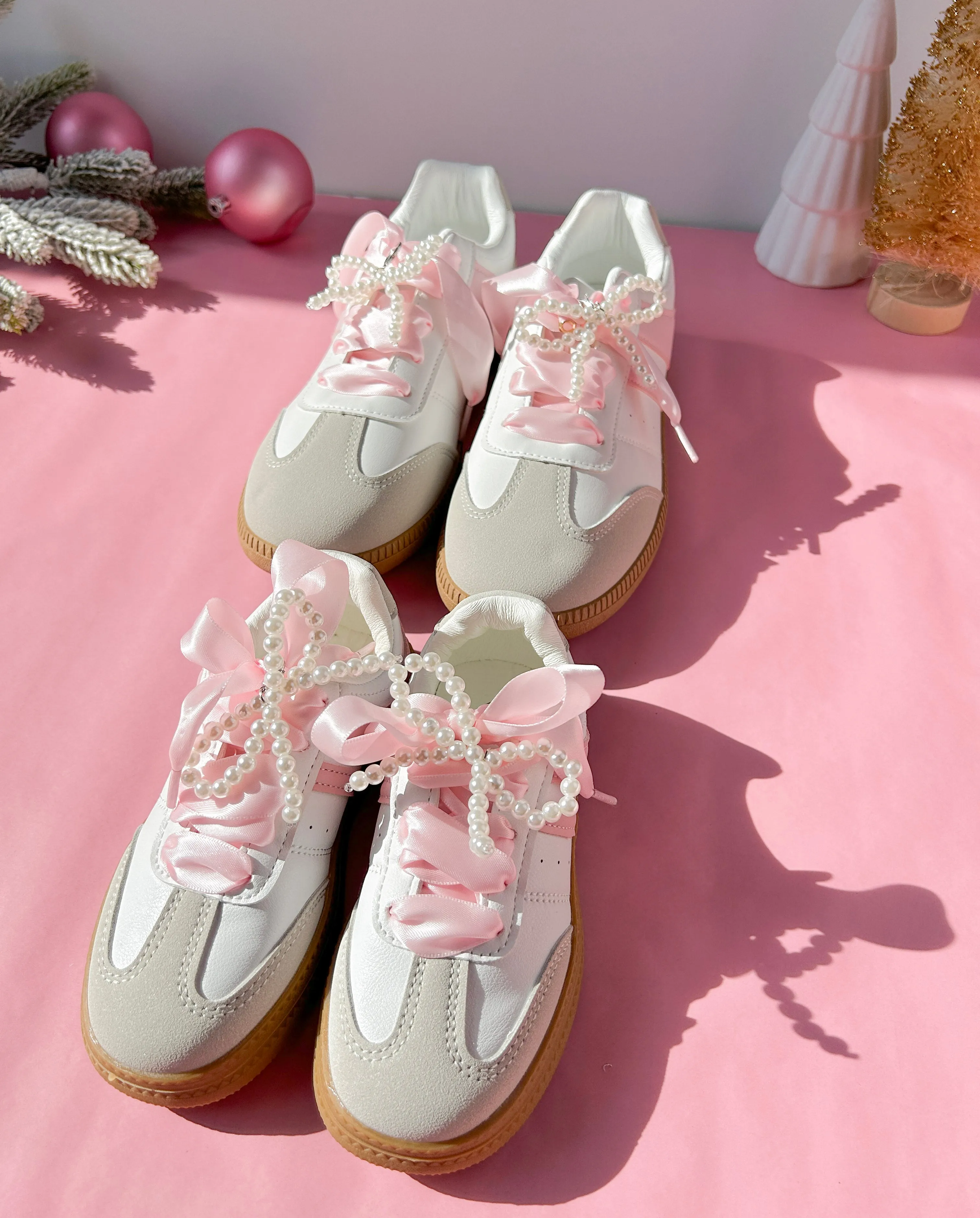 White/Pink Mommy and Me Sneakers- with Satin Ribbon Shoelaces & Faux Pearl Bow