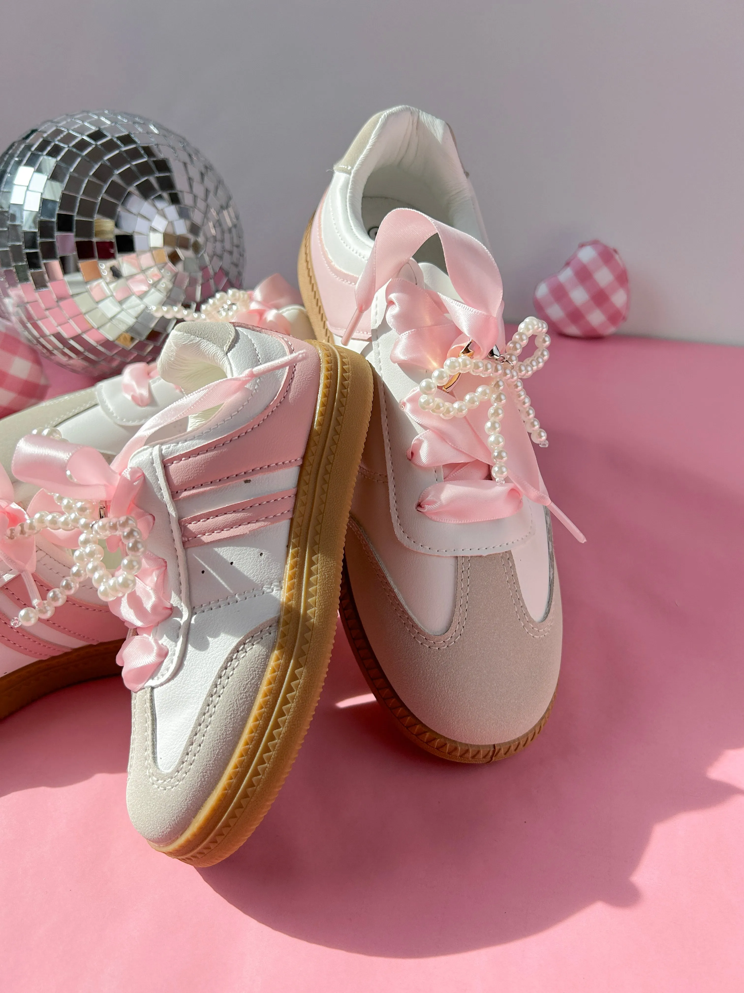 White/Pink Mommy and Me Sneakers- with Satin Ribbon Shoelaces & Faux Pearl Bow