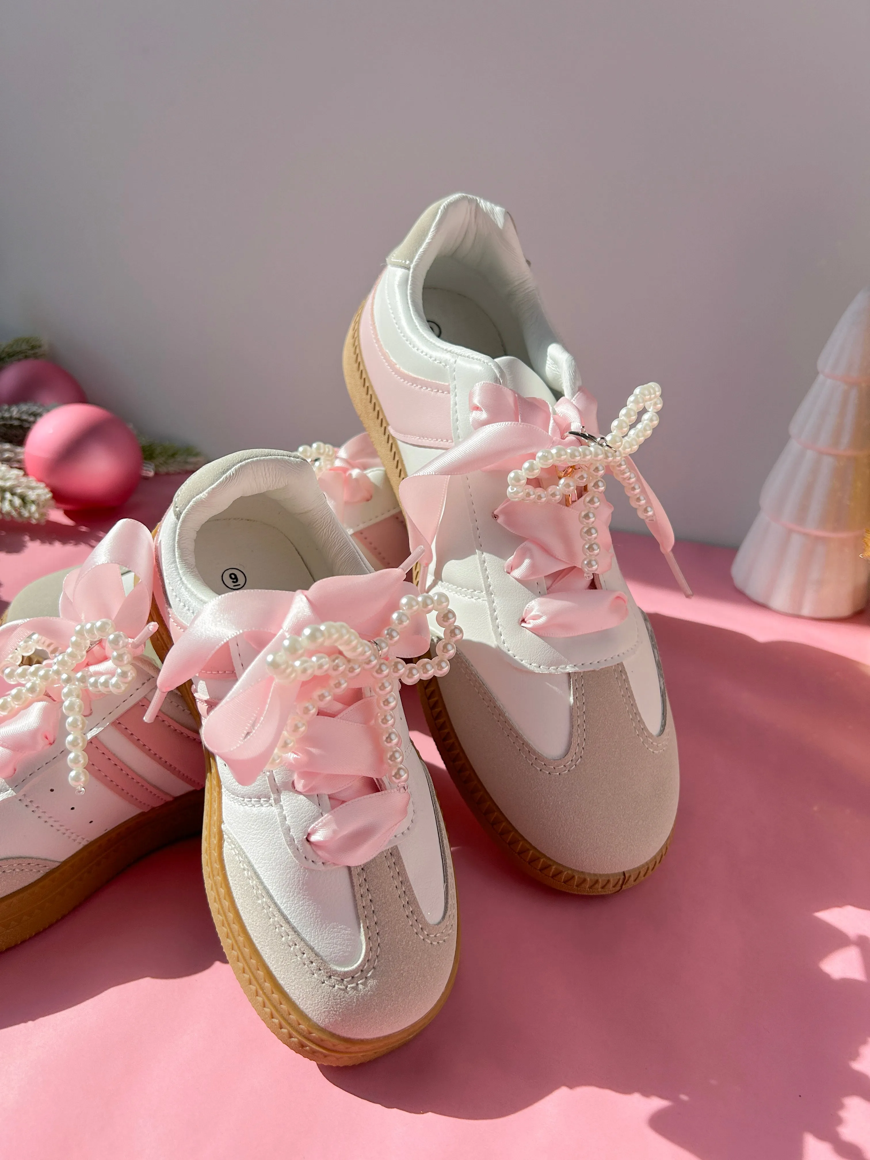 White/Pink Mommy and Me Sneakers- with Satin Ribbon Shoelaces & Faux Pearl Bow