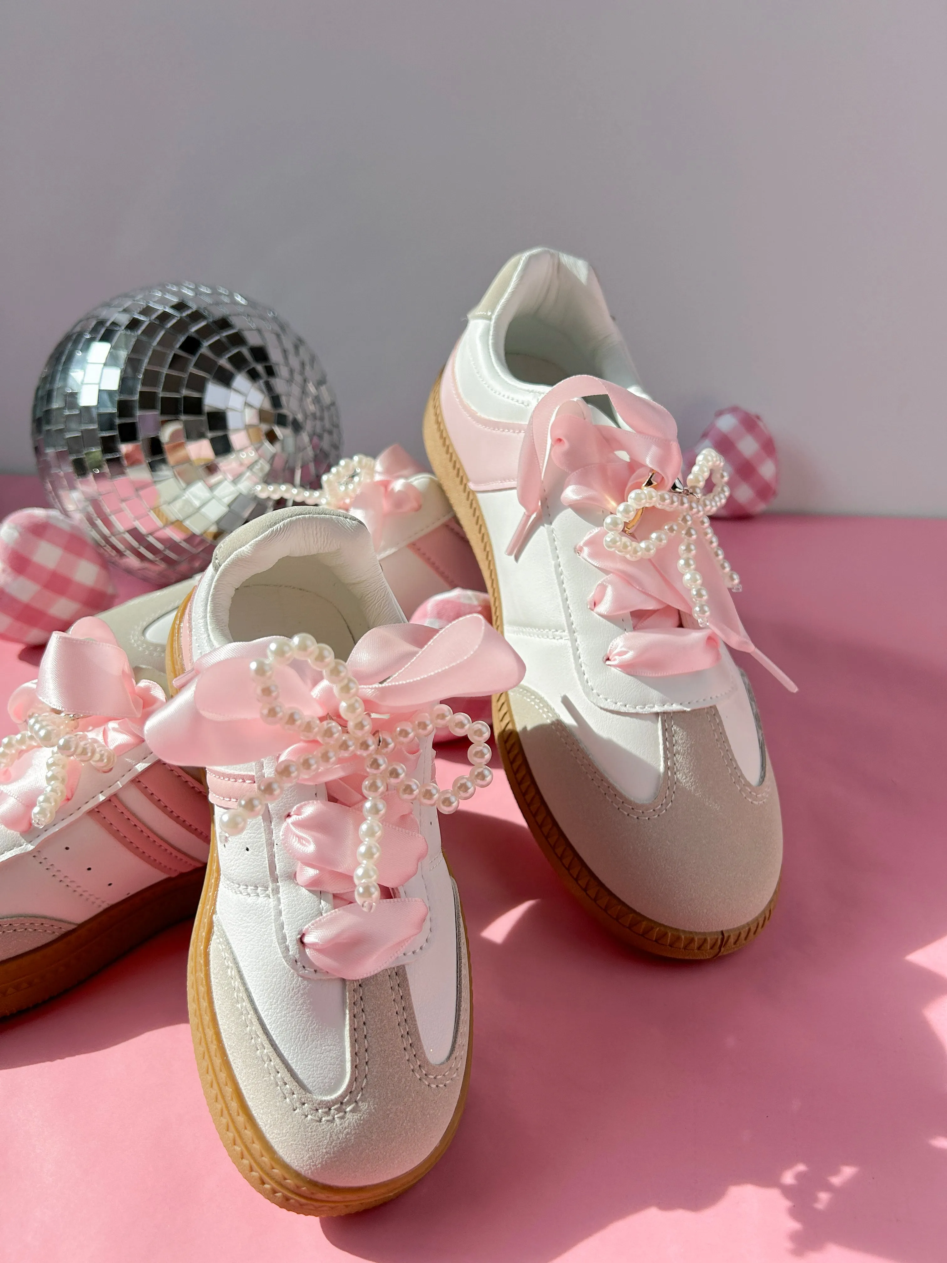 White/Pink Mommy and Me Sneakers- with Satin Ribbon Shoelaces & Faux Pearl Bow