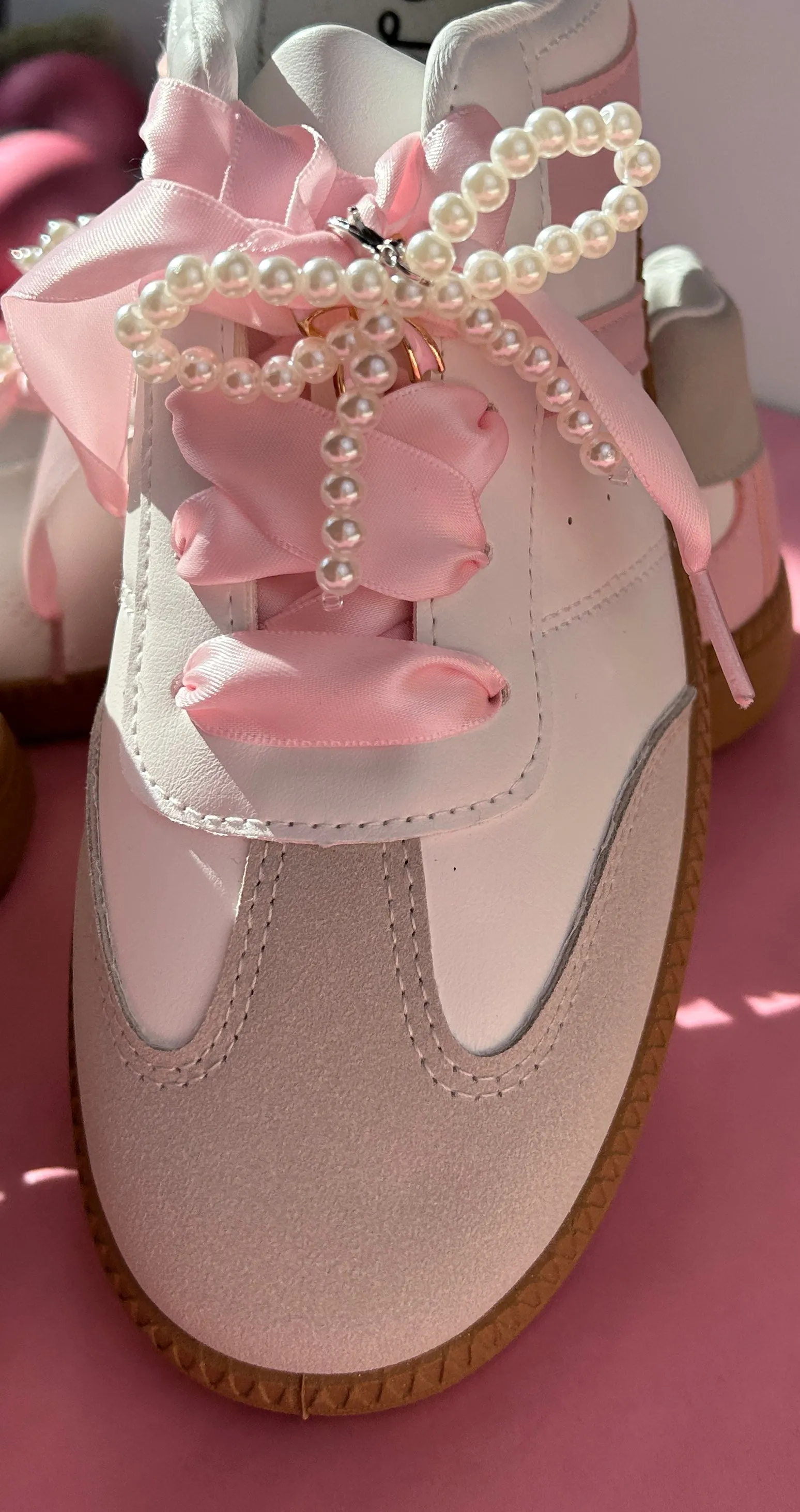 White/Pink Mommy and Me Sneakers- with Satin Ribbon Shoelaces & Faux Pearl Bow