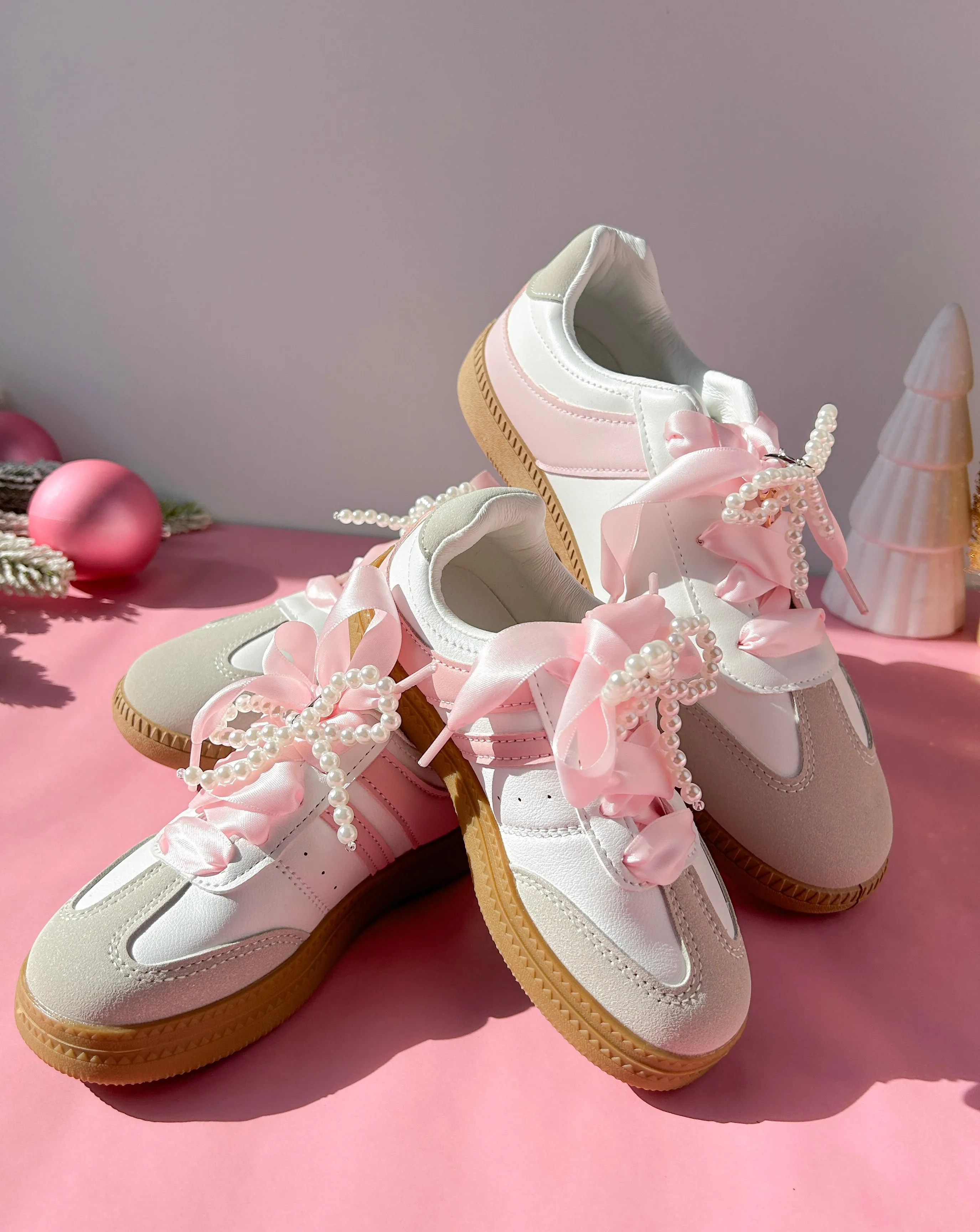 White/Pink Mommy and Me Sneakers- with Satin Ribbon Shoelaces & Faux Pearl Bow