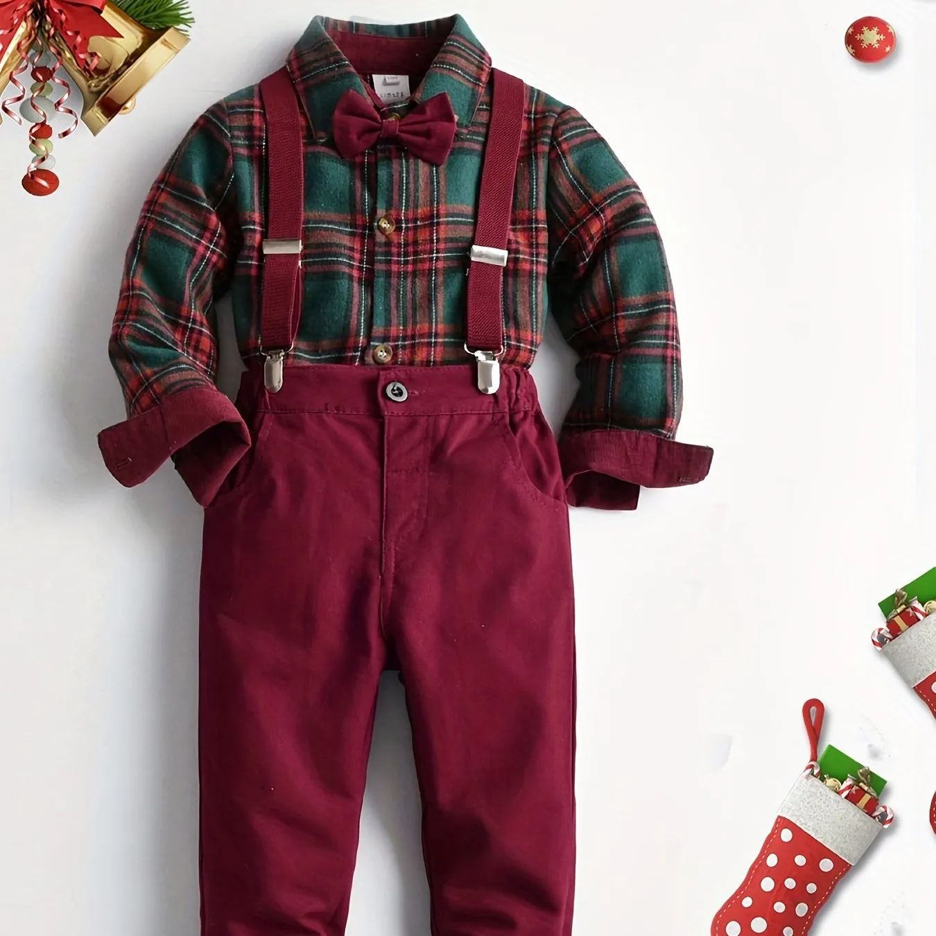 Winter Collection Boys Christmas Check Shirt Set with Bib Pants