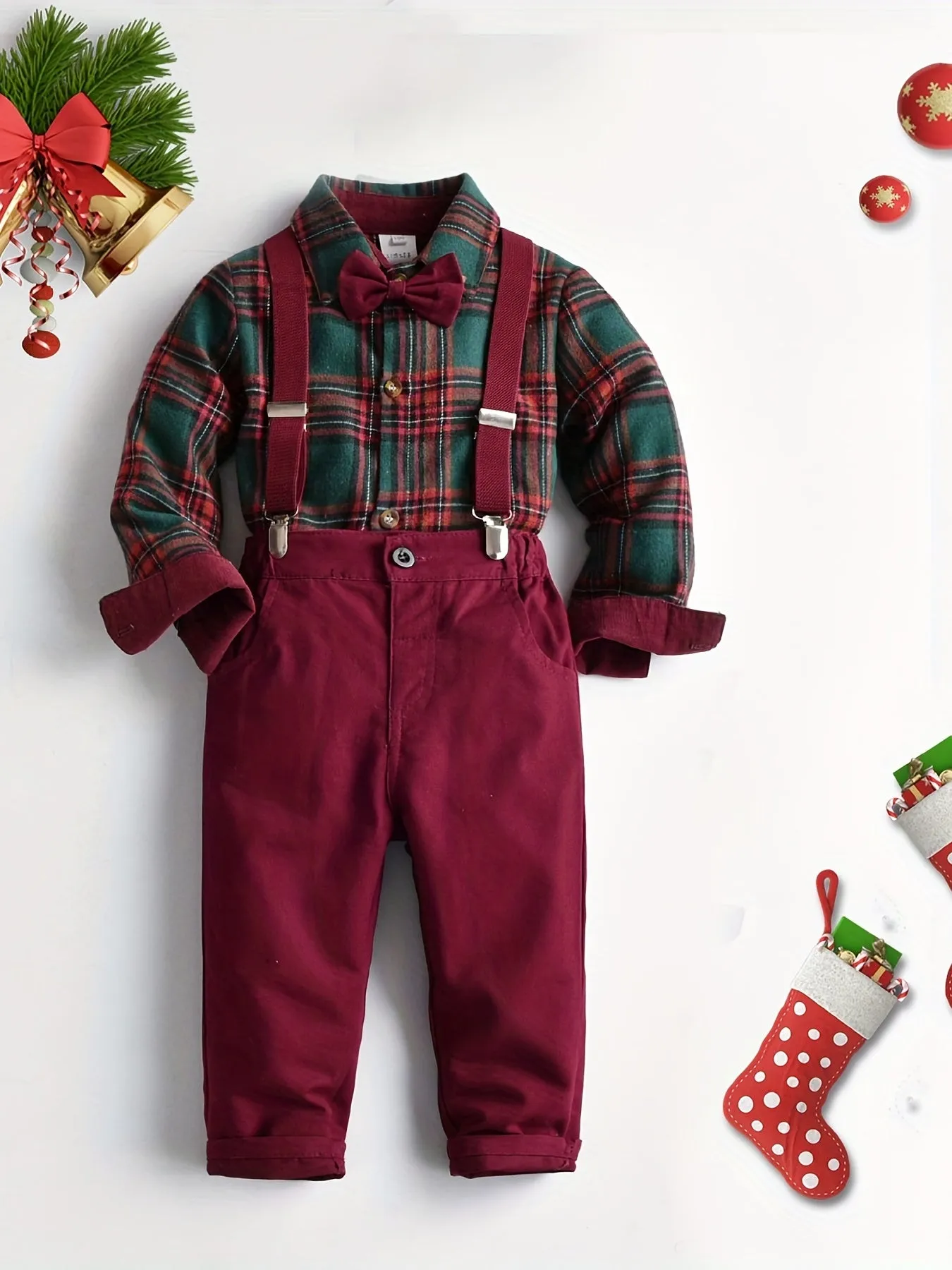 Winter Collection Boys Christmas Check Shirt Set with Bib Pants