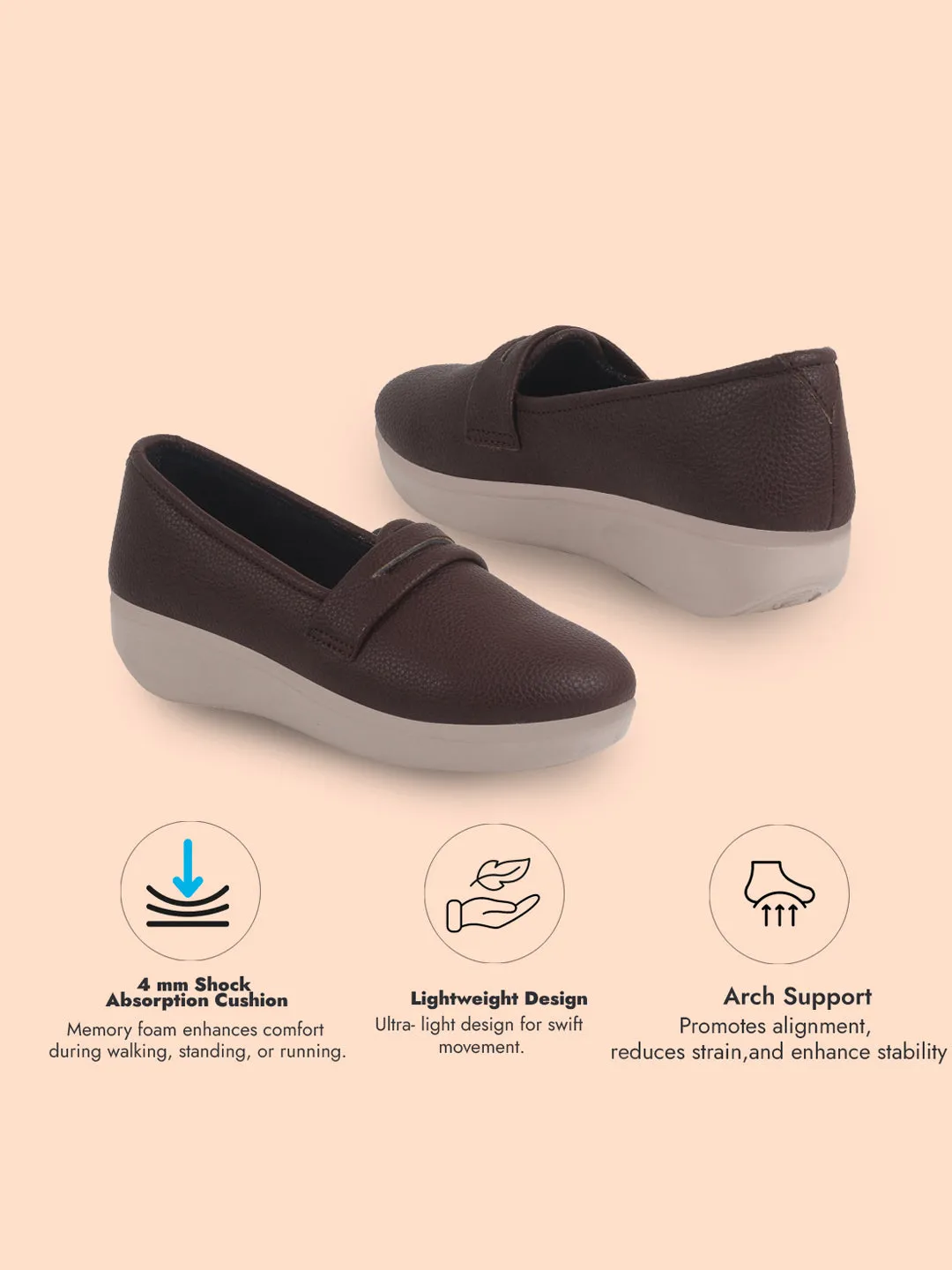 Women Brown Textured Slip On Casual Shoes Flatform Heel Height Enhancer|All Day Comfort|Daily Wear Shoes