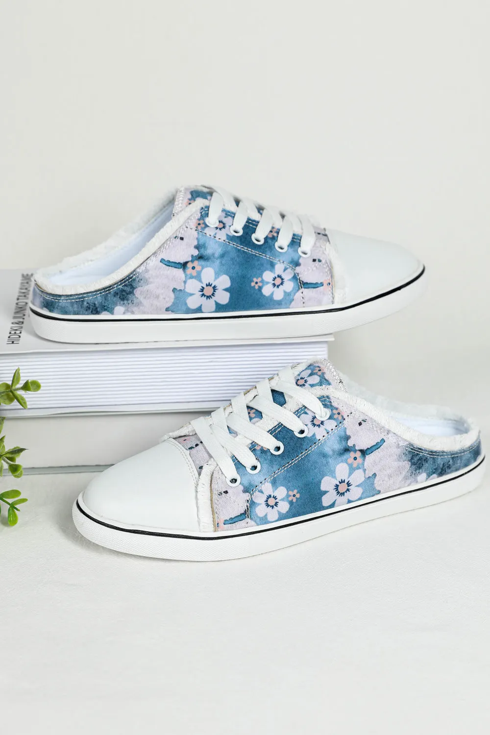 Women Flower Print Lace Up Canvas Sneakers Open Back Flats Slippers