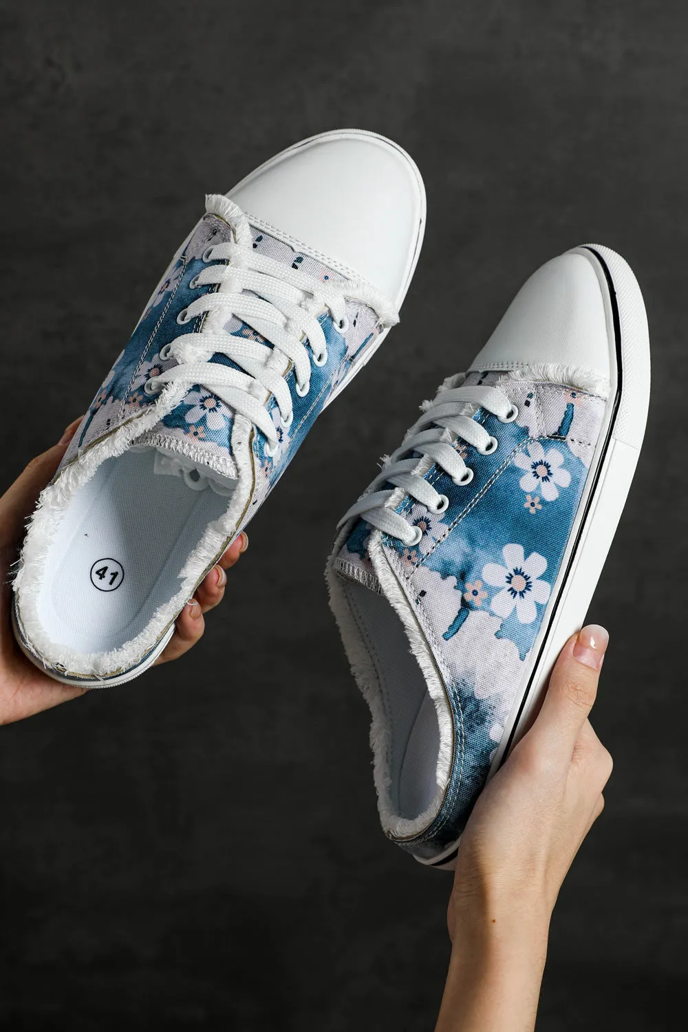 Women Flower Print Lace Up Canvas Sneakers Open Back Flats Slippers