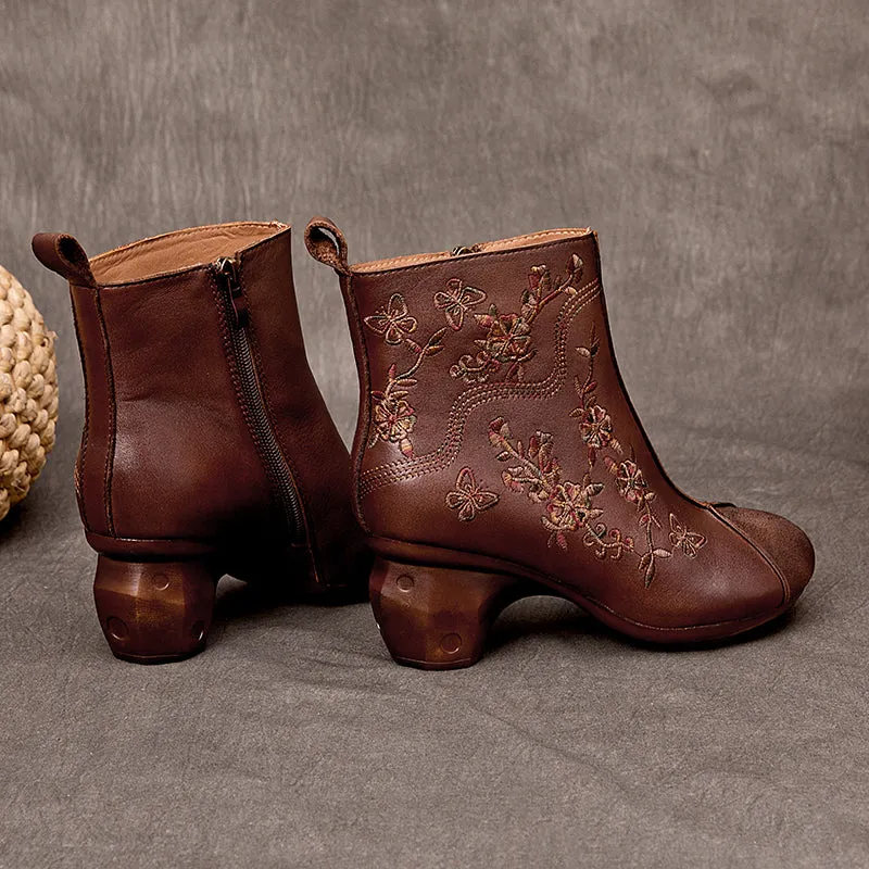 Women's Genuine Leather Short Boots Round Toe Boots With Embroidery Flowers in Coffee