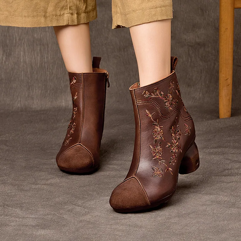 Women's Genuine Leather Short Boots Round Toe Boots With Embroidery Flowers in Coffee