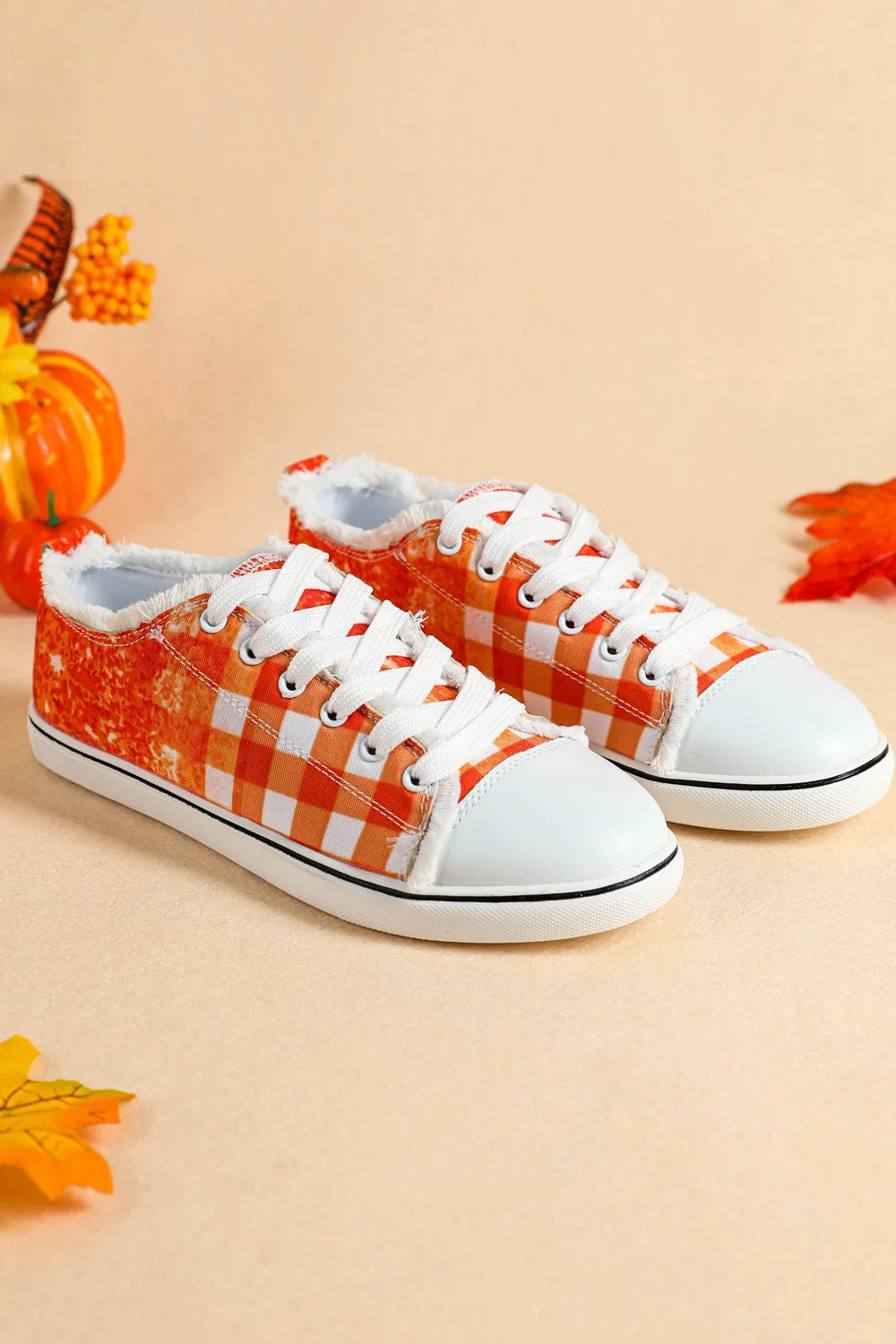 Women's Orange Plaid Print Ombre Slip On Sneakers