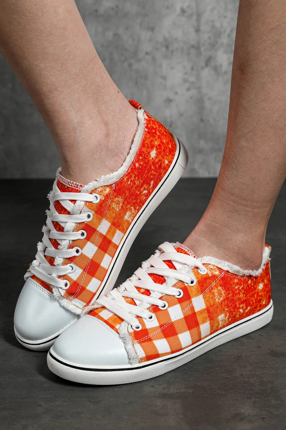 Women's Orange Plaid Print Ombre Slip On Sneakers