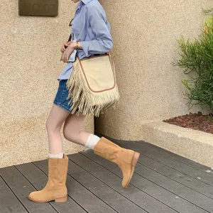 Womens Suede Leather Mid Calf Boots In Black/Brown