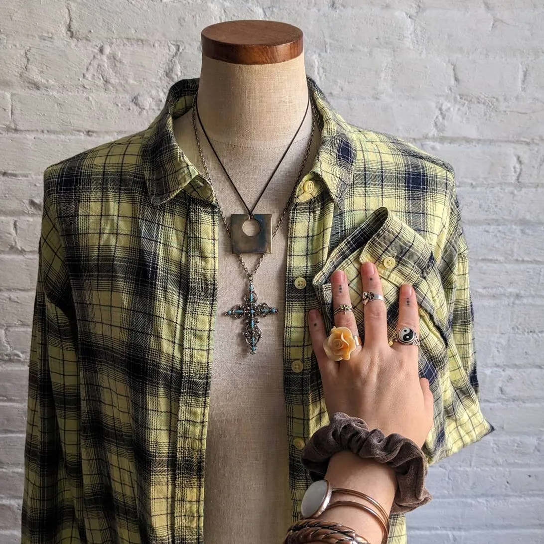 Y2K Retro Grunge Fairy Flannel Skater Boyfriend Oversize Muted Yellow Plaid Top