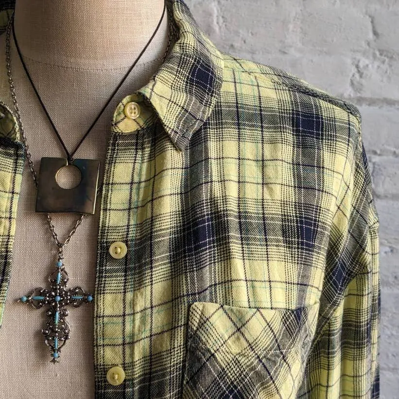 Y2K Retro Grunge Fairy Flannel Skater Boyfriend Oversize Muted Yellow Plaid Top