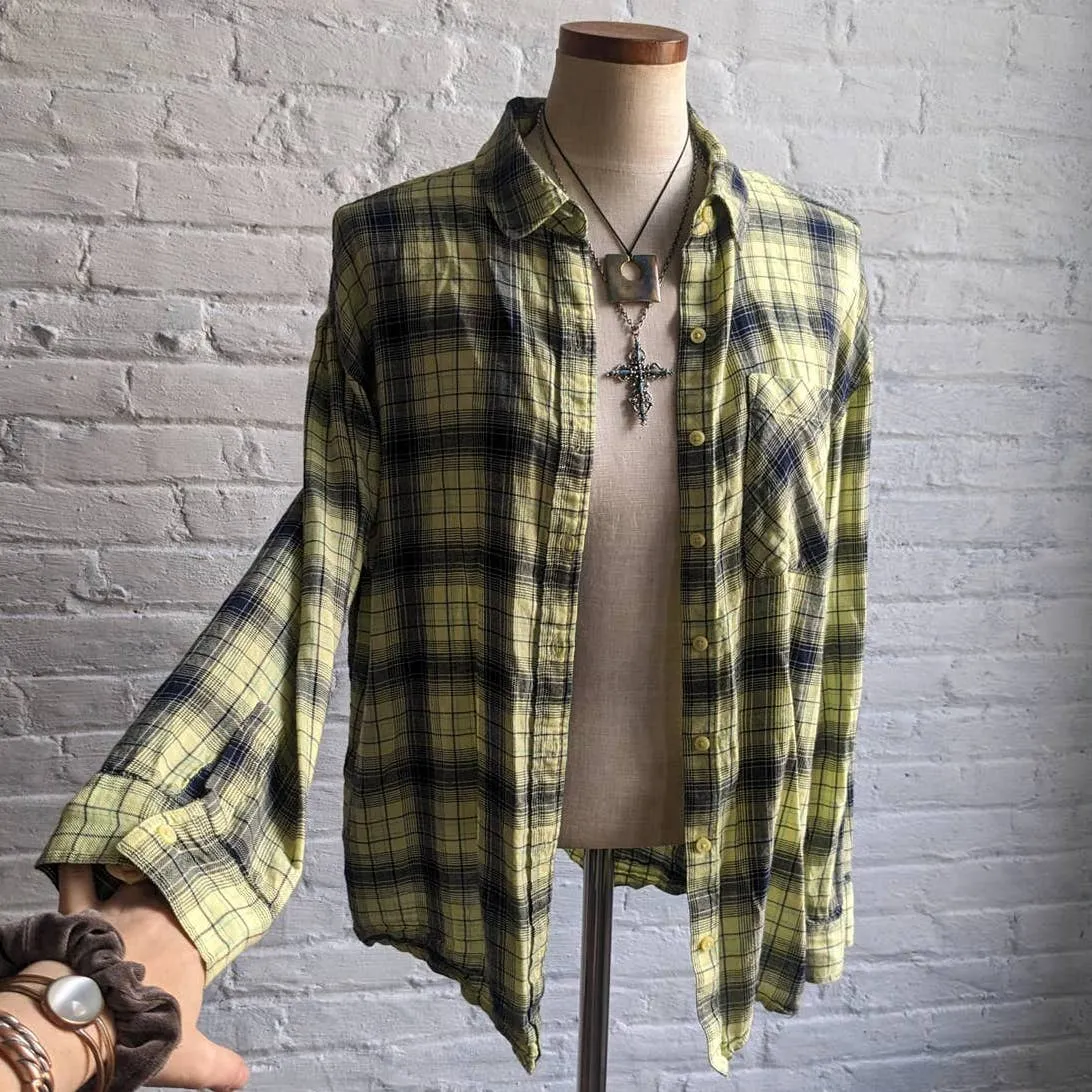 Y2K Retro Grunge Fairy Flannel Skater Boyfriend Oversize Muted Yellow Plaid Top