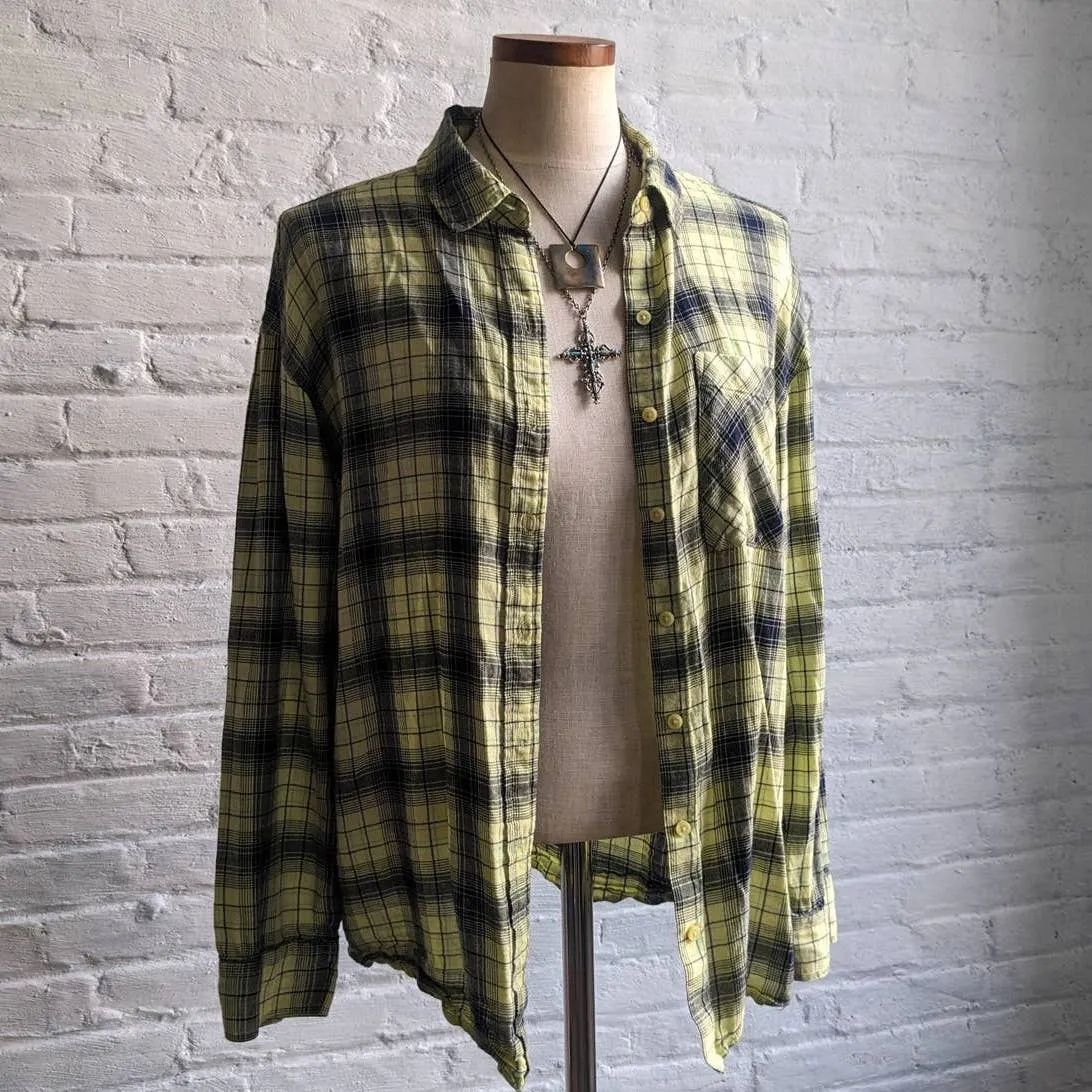 Y2K Retro Grunge Fairy Flannel Skater Boyfriend Oversize Muted Yellow Plaid Top