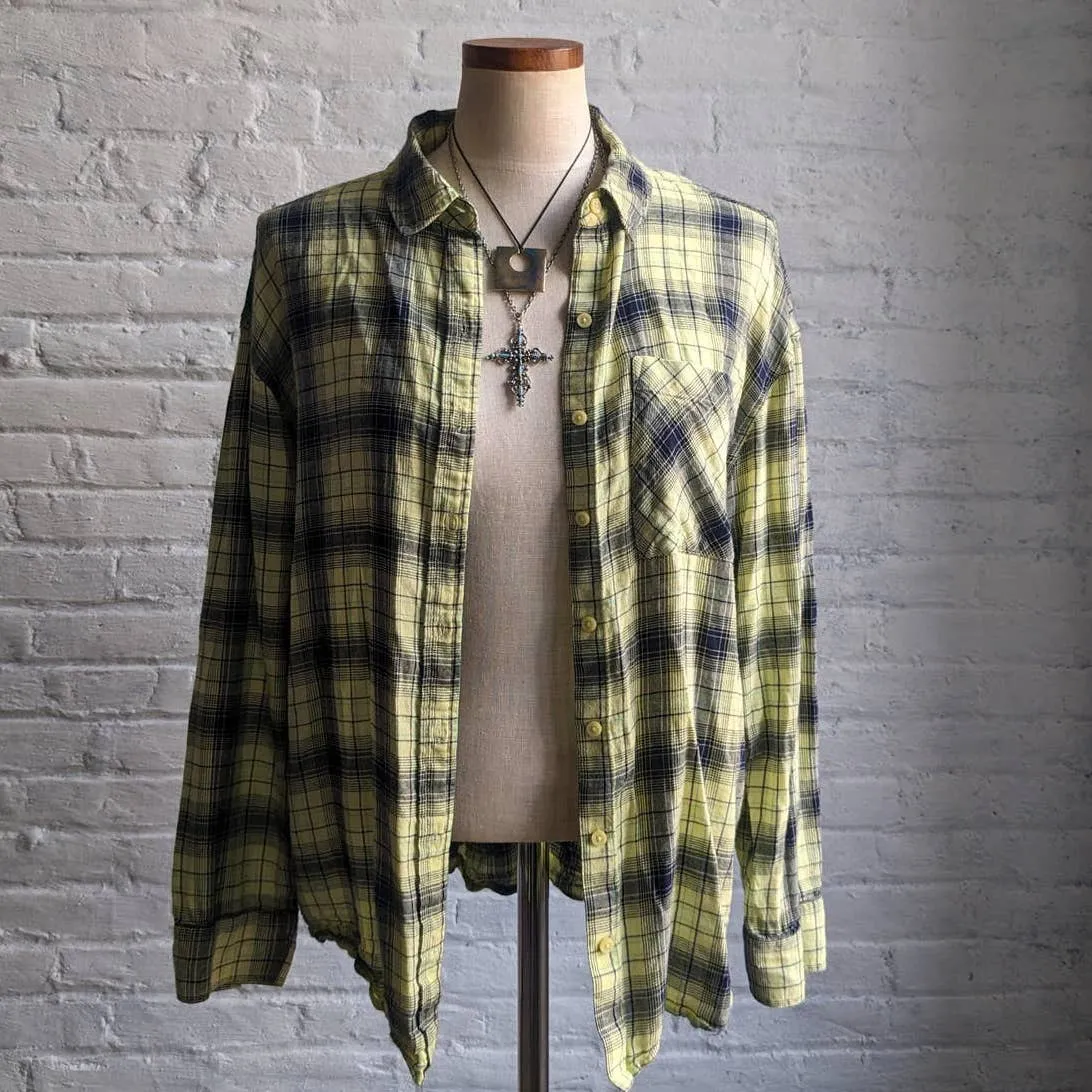 Y2K Retro Grunge Fairy Flannel Skater Boyfriend Oversize Muted Yellow Plaid Top