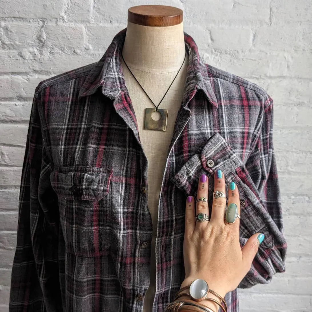 Y2K Vintage Oversize Plaid Dark Academia Grunge Muted Earth Tone Flannel Top