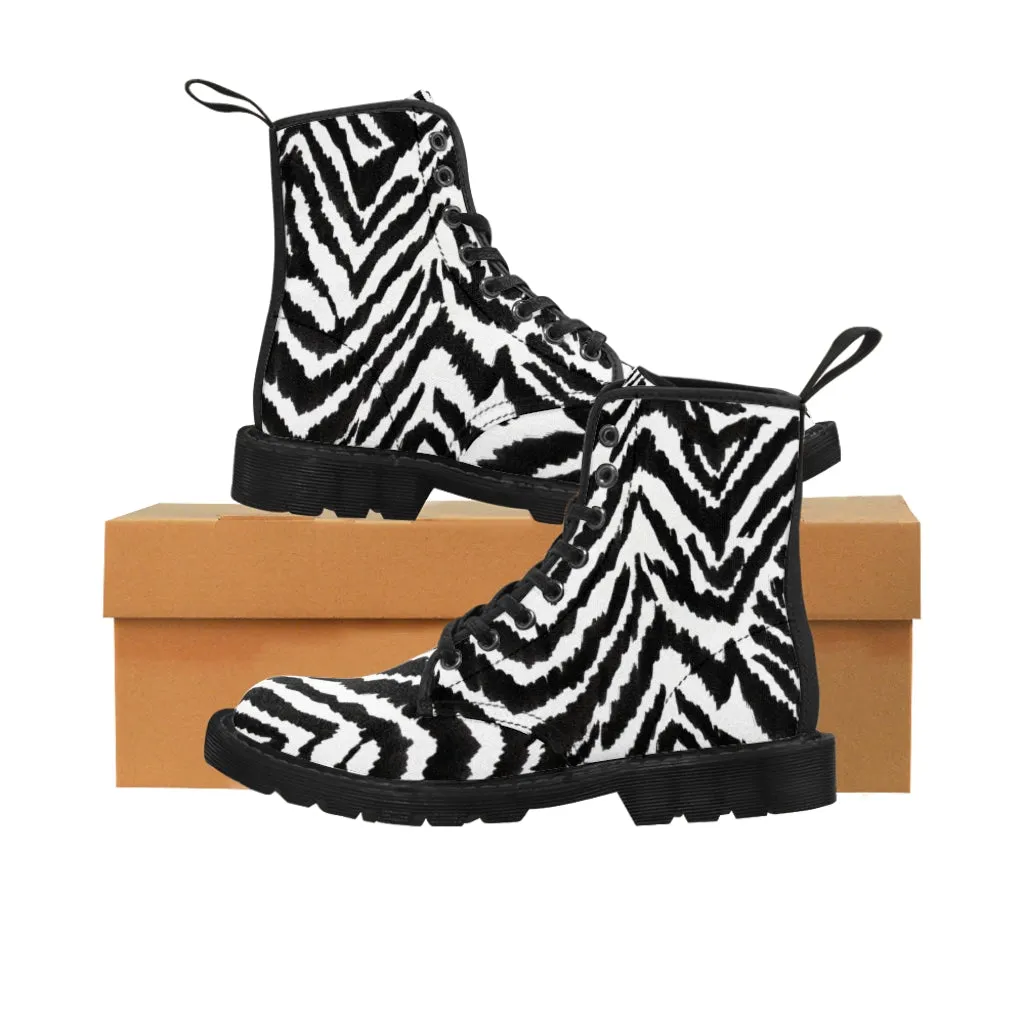 Zebra Striped Men's Boots, Zebra Animal Print Best Hiking Winter Boots Laced Up Shoes For Men